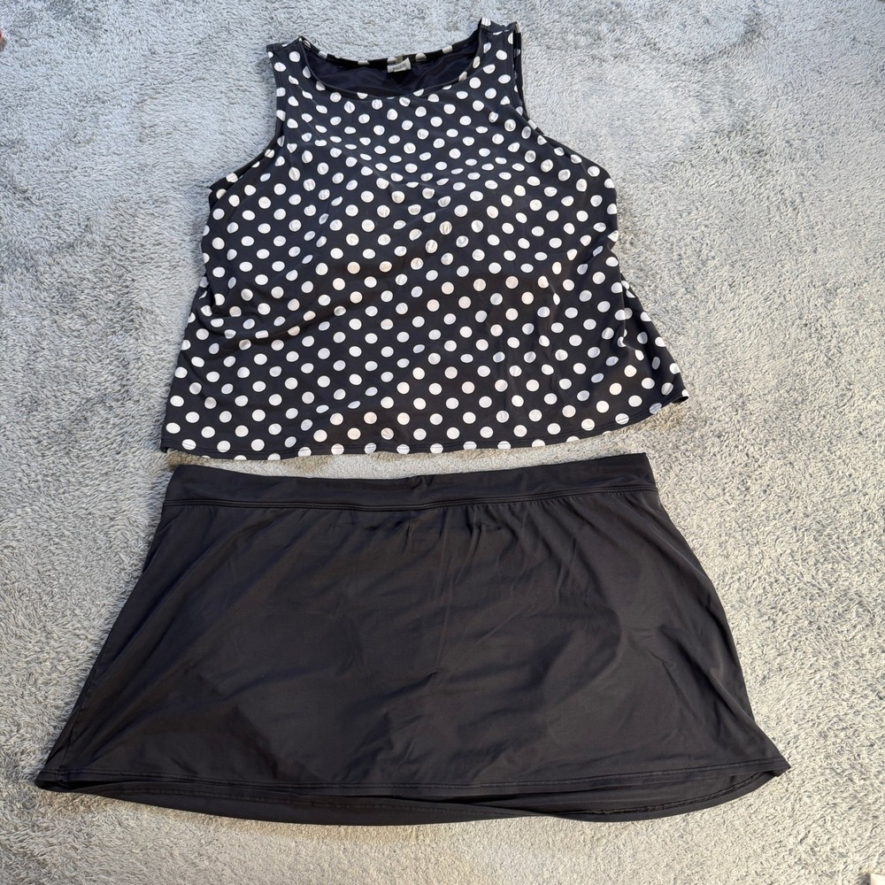 Lands End Womens Polka Dot Tankini Swim Skirt Set 24W Black White Two Piece
